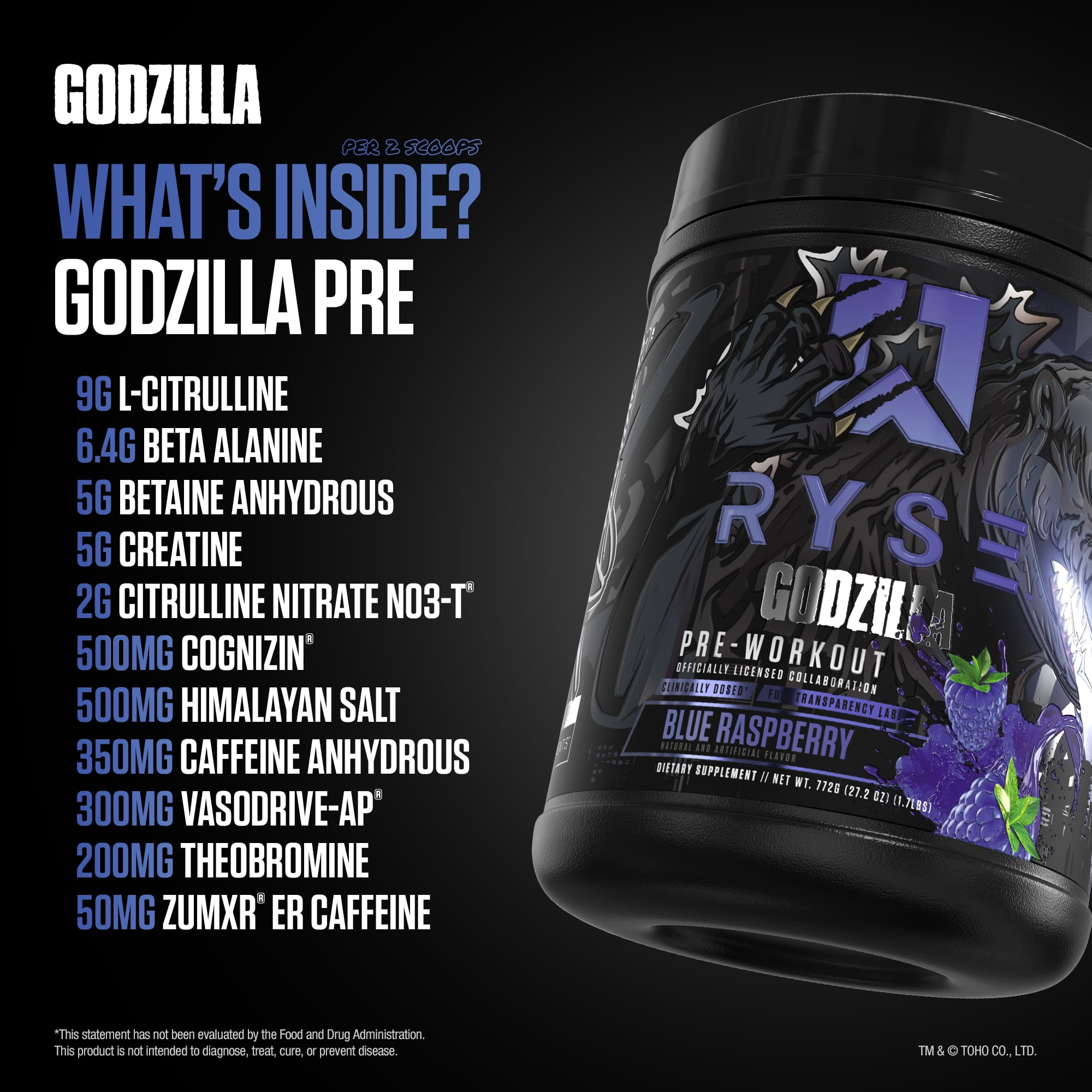 RYSE Godzilla X Noel Deyzel Pre Workout Powder - Blue Raspberry - 20/40 Servings