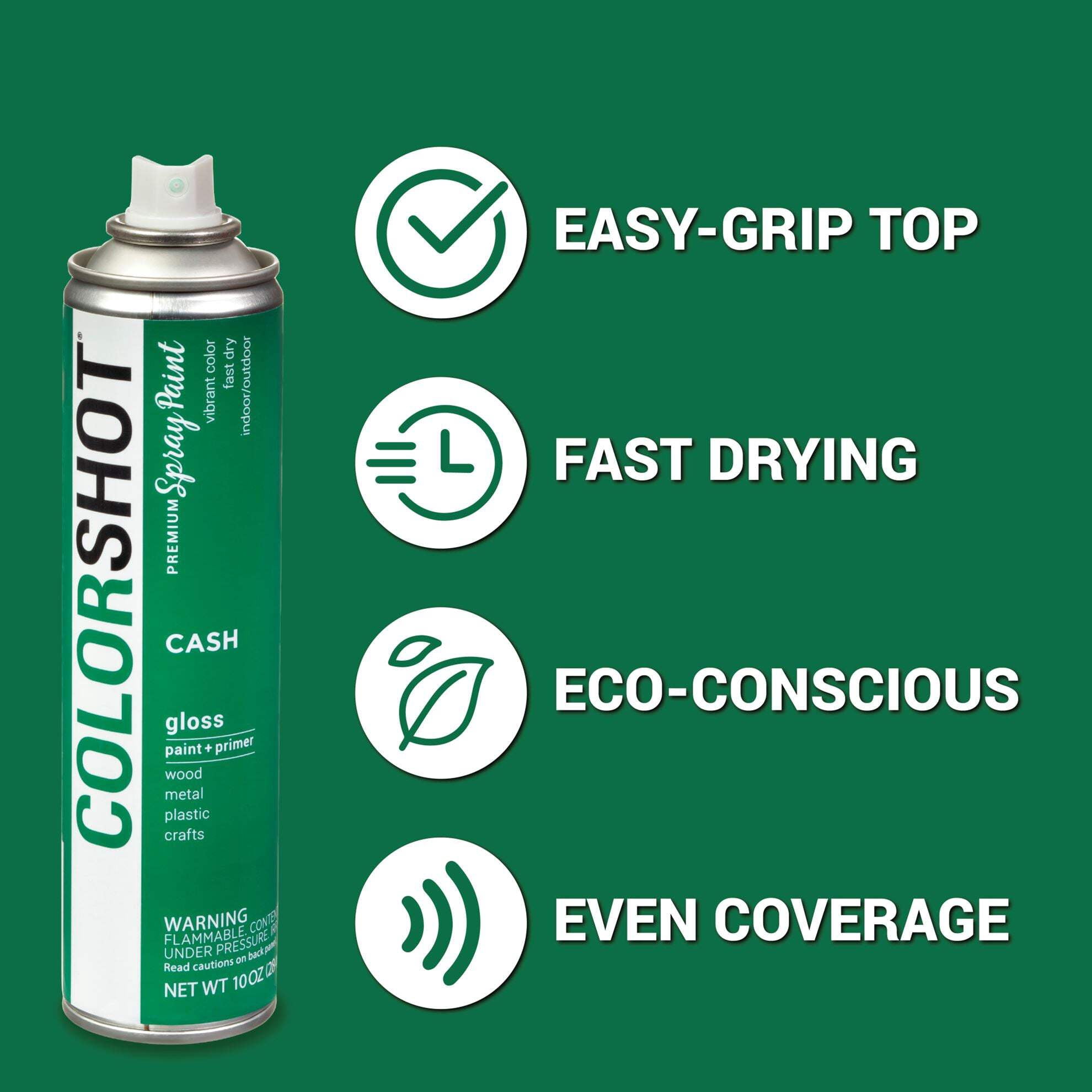 COLORSHOT Gloss Spray Paint, Cash (Green) 10 oz. 4 Pack, Fast-Drying Acrylic Paint, Indoor & Outdoor Use
