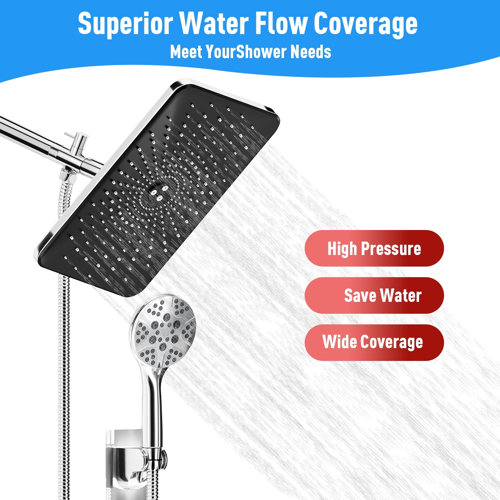 IUSU 11.8" Shower Head Set High Pressure Rainfall Rain Shower Head 8-Setting Handheld with Hose Silver