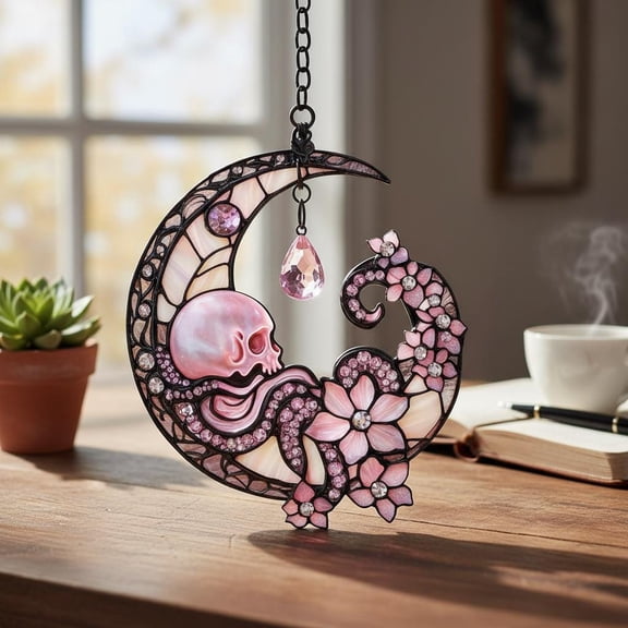 Pink Skull Crescent Moon Gothic Floral Acrylic Suncatcher Window Hanging Crystal Drop Halloween Decor