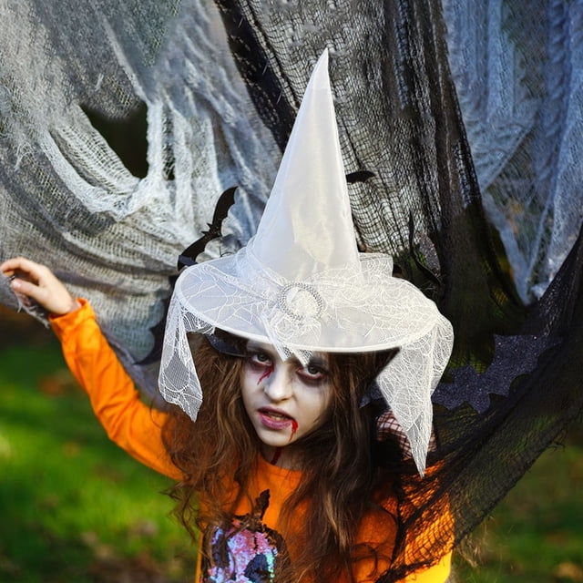 Sombrero de Bruja de Encaje para Fiesta de Halloween | Disfraz de Mago o Bruja de Tafetán de Poliéster | 35 Cm de Alto | Color Blanco | Peso Neto: 44 G