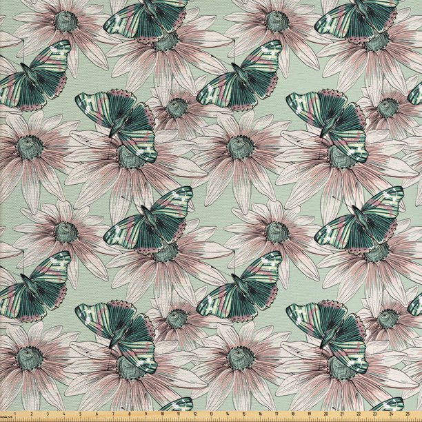 Botanical Fabric by The Yard, Continuous Vintage Pattern with Flowers