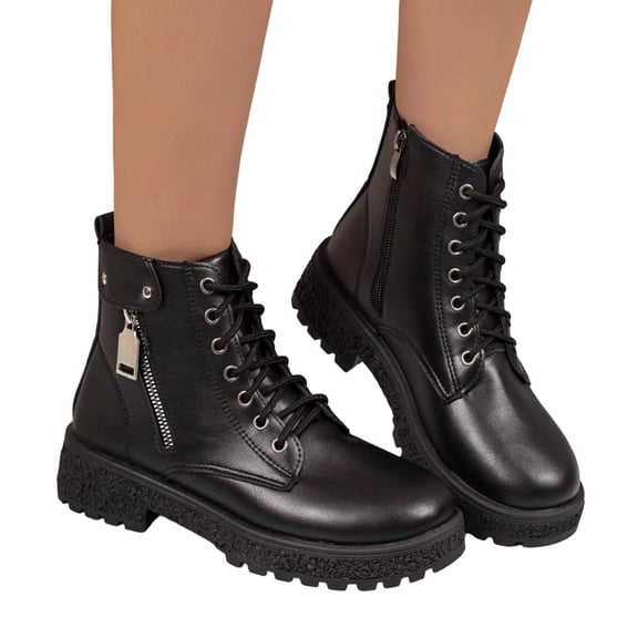 Purcolt Ankle Boots for Women Dressy Casual PU Leather Round Toe Block Heel Lace-up Short Booties Comfort Slip on Dress Shoes Streetwear with Side Zipper
