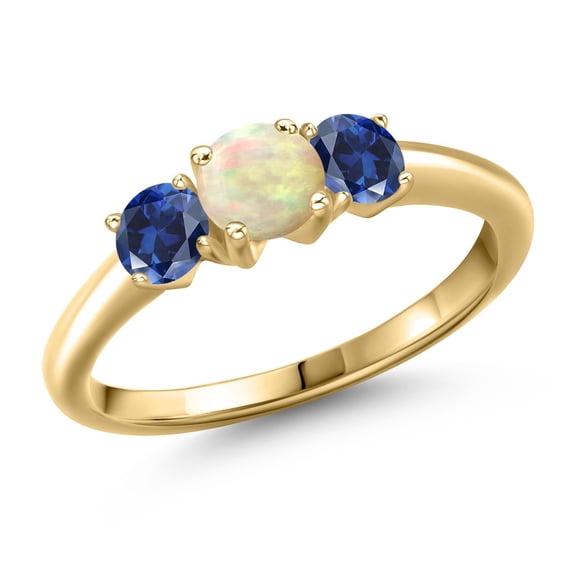 Gem Stone King 10K Yellow Gold White Ethiopian Opal and Blue Created Sapphire Engagement Ring for Women | 0.80 Cttw | Round Cabochon 5MM | Gemstone October Birthstone | Size 6