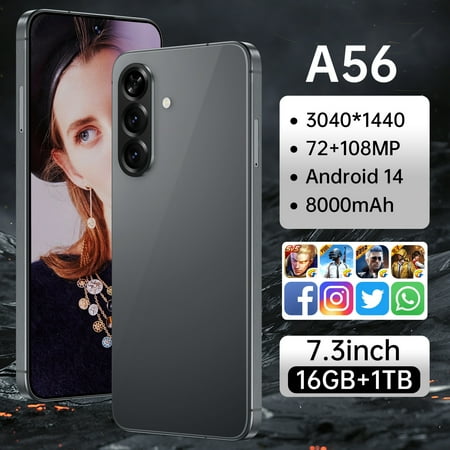 Global version A56 Mobile Phones 7.3HD Cellphones 16GB+1TB Original Smartphone Dual SIM Android 14 8000mAh 5G Phone