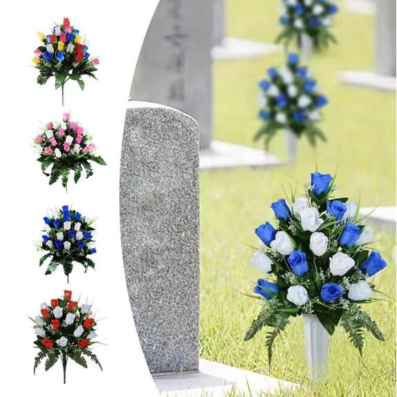 KOYPTL 24 Heads Artificial Cemetery Flowers for Grave Realistic Grave Flowers Memorial Flower UV Resistant Silk Rose Flower with Vase for Cemetery Decorations