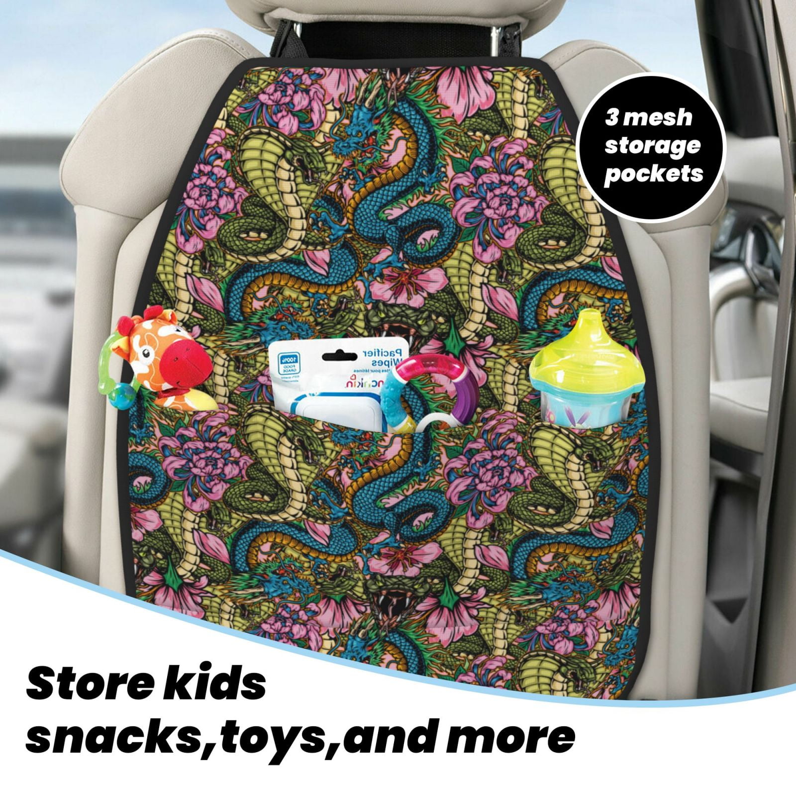 Xecao Snake And Flower Pattern Car Seat Back Protector 2 Pack Large Capacity Pocket, Kick Mats Back Seat Protector