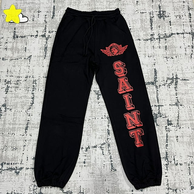 Vintage Hip Hop Oversized Boxing Letters Logo Print Saint Sweatpants Men Women Cotton Pants Jogger Drawstring Trousers