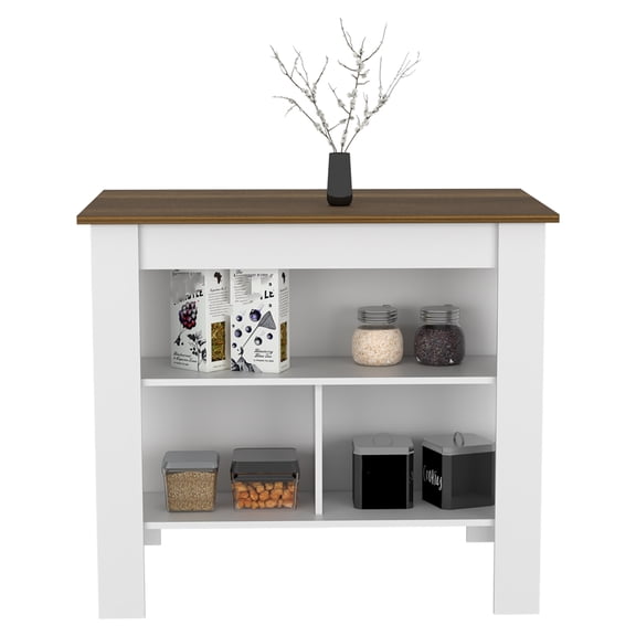 Xukmct Modern Kitchen Island Table with 3 Open Shelves, White Brown