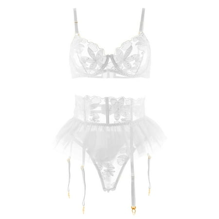 

Hwmodou Womens Exotic Lingerie Trendy Floral Printed Mesh Chain Lace No Steel Ring Nightwear Garters Bra For Women