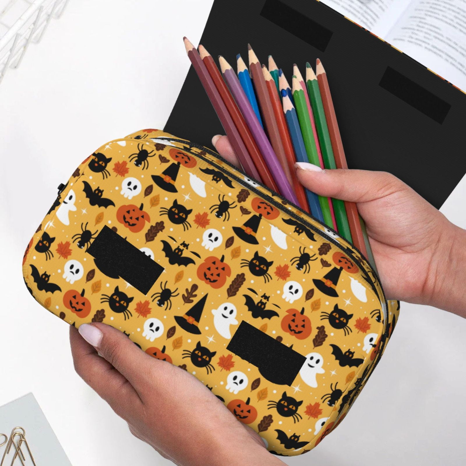 Rateoe Halloween Ghost Pumpkin Pattern Double Clamshell Pen Case, Storage Organizer with Two Zipper Compartments– Holds Up to 50 Pencils & Pens