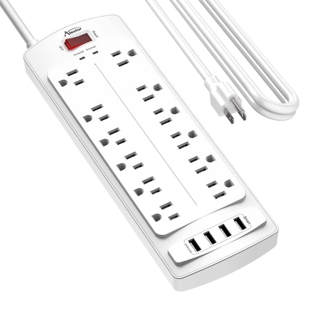 Protector contra sobretensiones Power Strip Alestor, 12 salidas, 4 USB, color blanco
