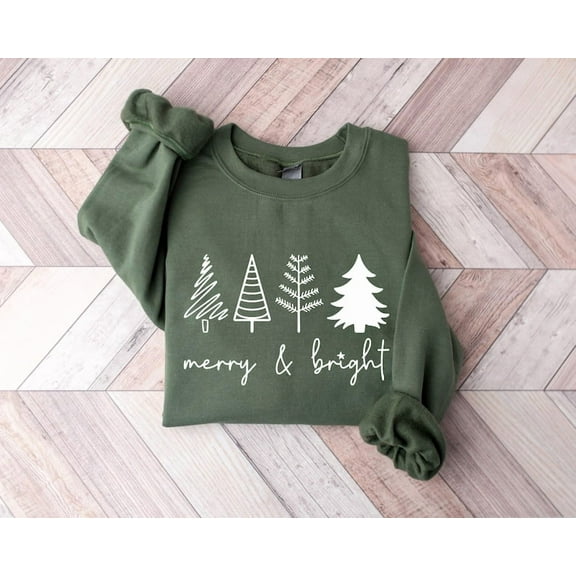 Merry & Bright Christmas Trees Sweatshirt, Christmas Sweatshirt, Christmas Shirt, Winter Shirt, Holiday Sweater, Womens Holiday Sweatshirt