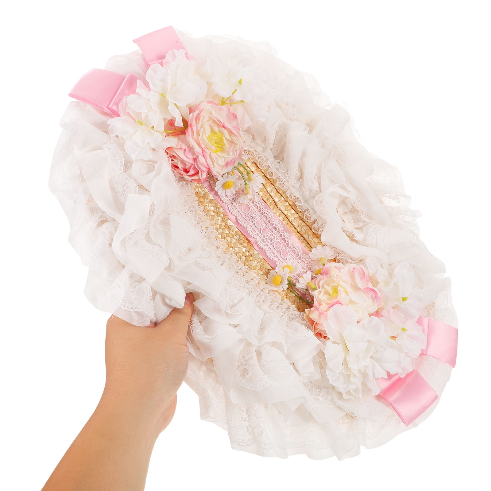 SEWOART Victorian Style Lace Rattan Bonnet Wide Brim Sun Hat with Floral Ribbon Bow for Tea Party Garden Beach Shade