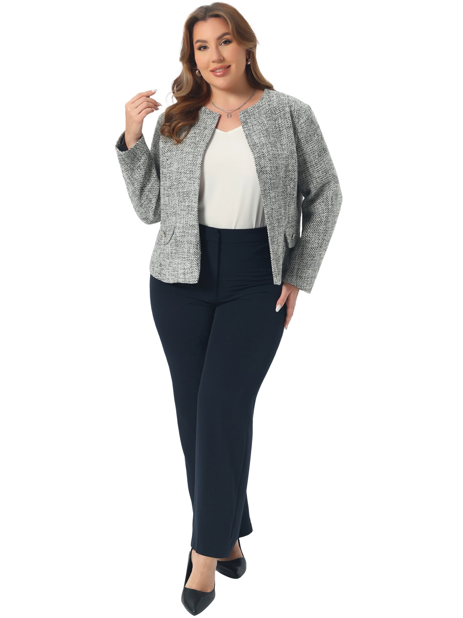 DARING DIVA Women's Plus Size Blazer Collarless Long Sleeve Open Front Jacket 4X Black White
