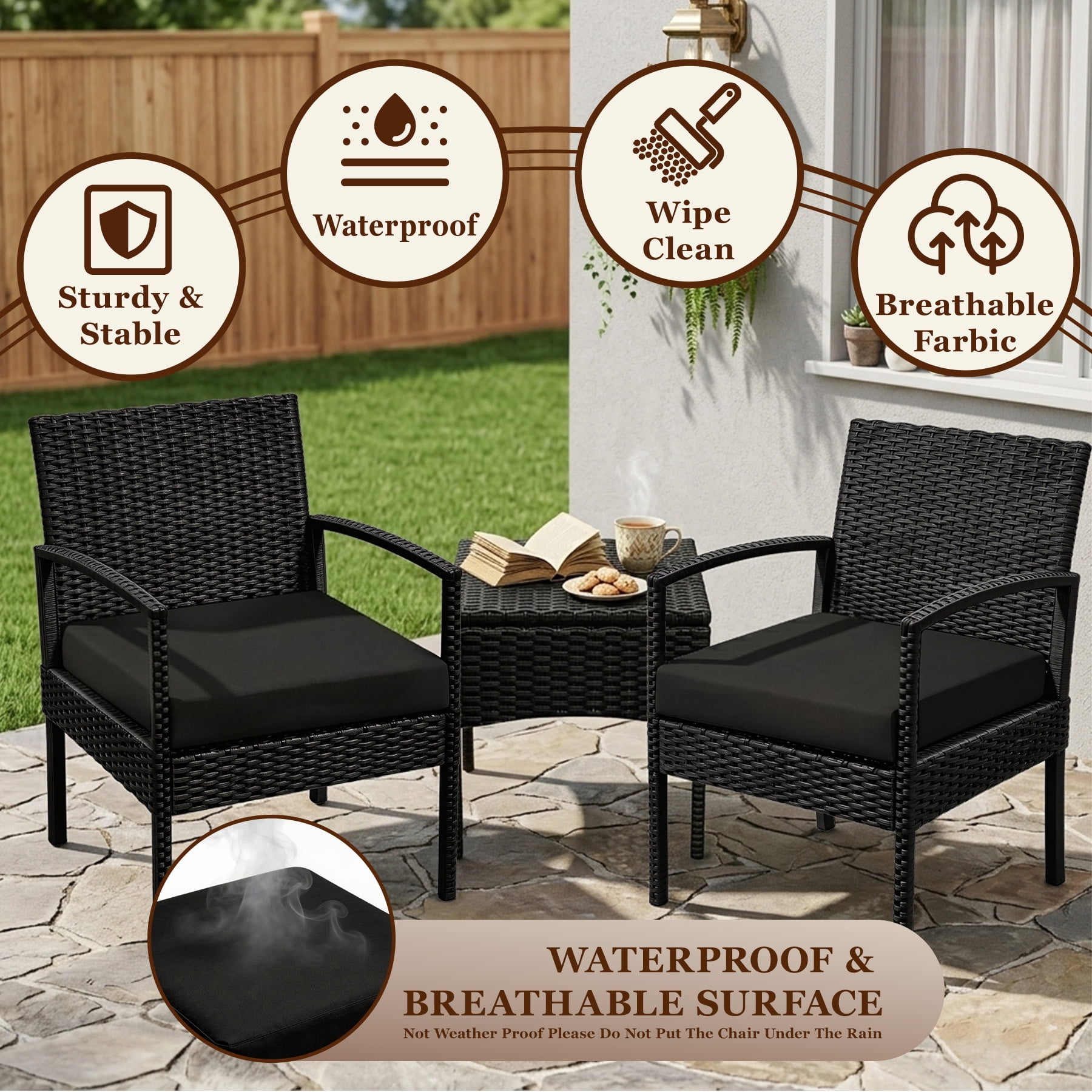 Tappio Outdoor Furniture 3 Piece Patio Bistro Furniture Set, Rattan Conversation Chairs Set with Side Table and Cushions, Patio Furniture Sets for Balcony Garden Porch, Black