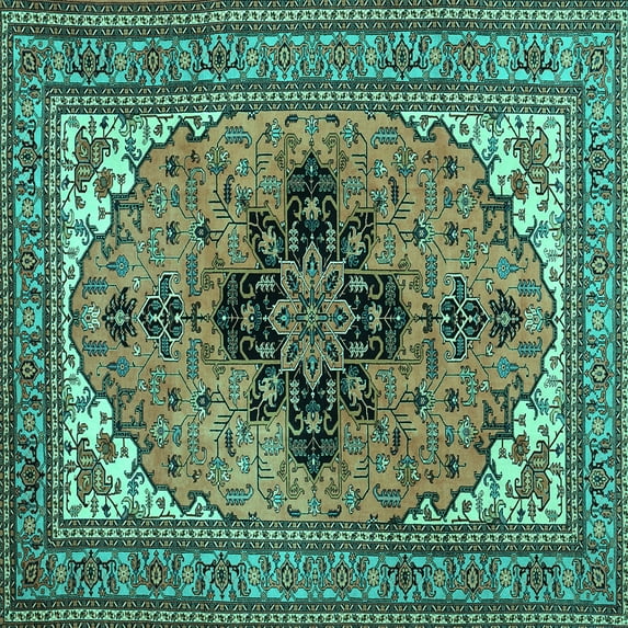 Ahgly Company Machine Washable Indoor Square Medallion Turquoise Blue Traditional Area Rugs, 5' Square