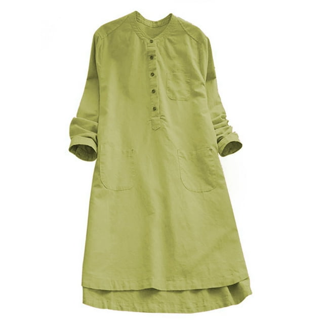 Innerwin A-Line Dresses Crew Neck Ladies Midi Dress Party Long Sleeve Loose Green 3XL