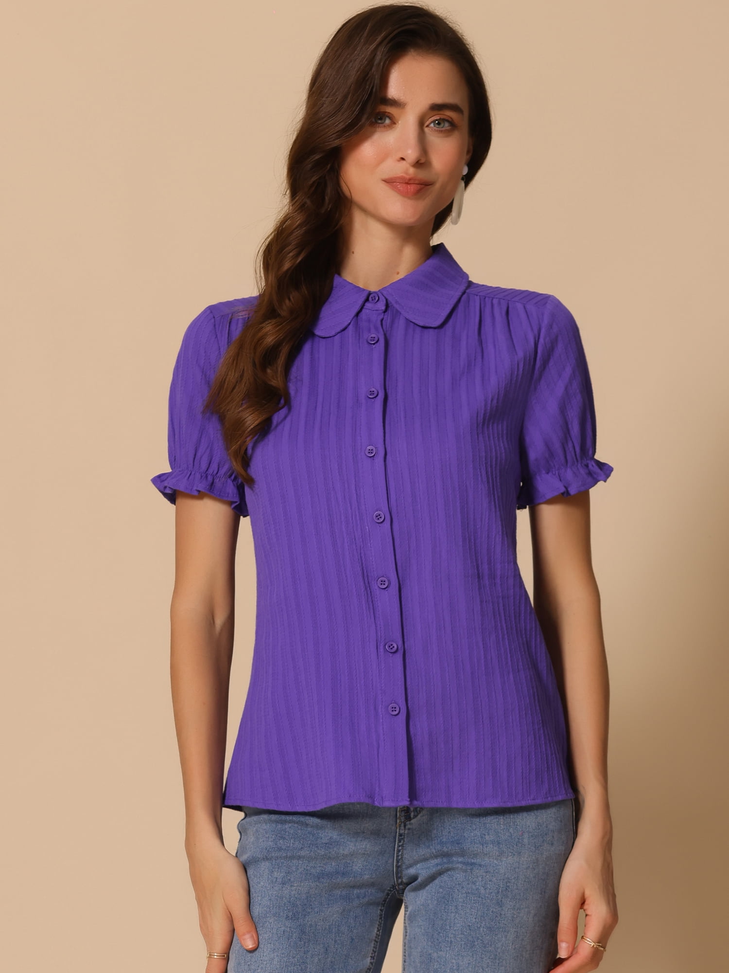DARING DIVA Women's Cotton Frilled Peter Pan Collar Blouse S Dark Purple