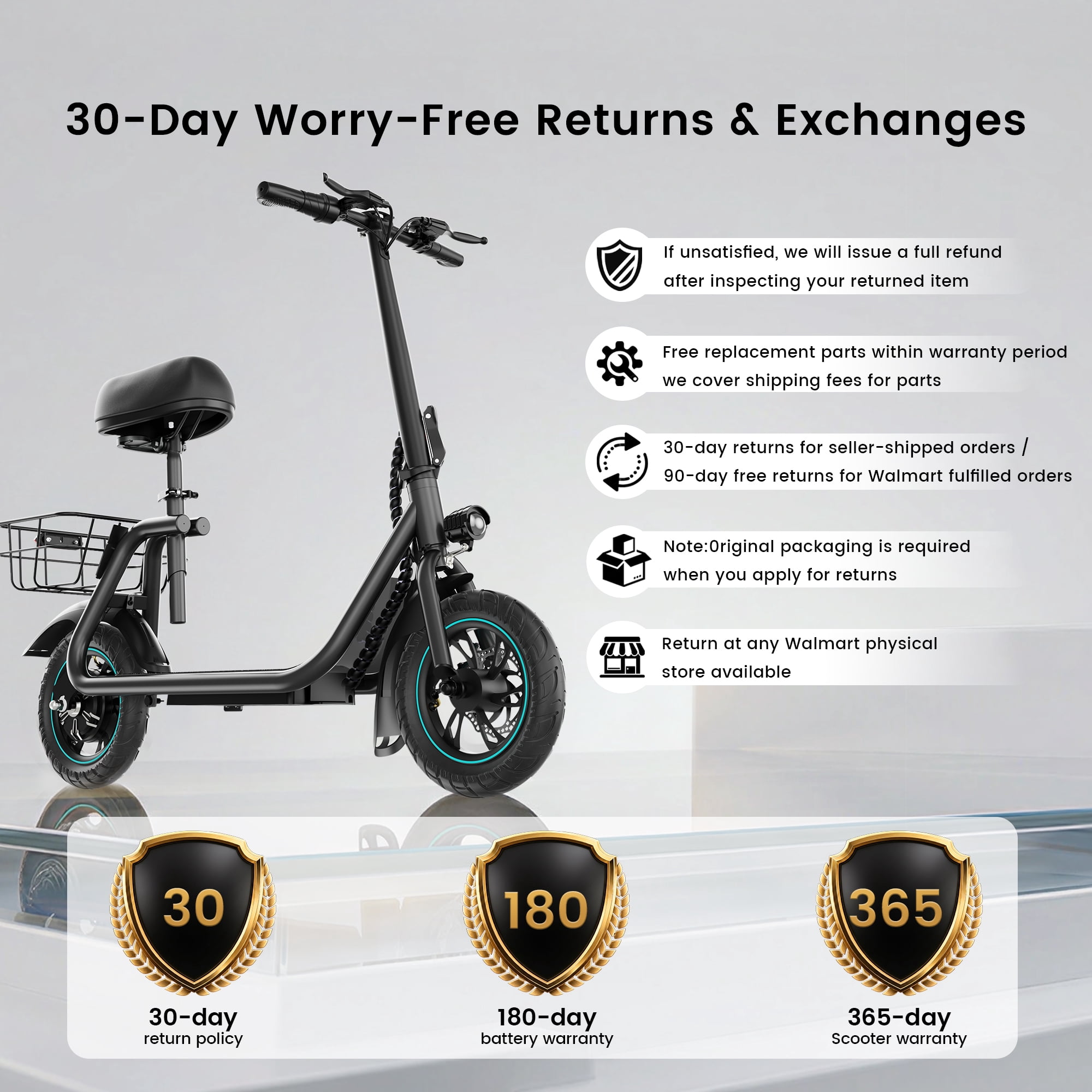 MIHOVER Electric Scooter with Seat for Adults & Seniors, 450W Comfortable Commuter Scooter with Basket, 12" Tires, 15 Mile Range, UL2272 Certified - Black