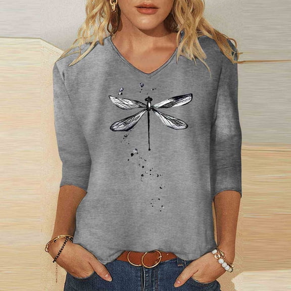 Womens Summer T Shirts 3/4 Sleeve Dragonfly Print Y2K Spring Tops Fashion Crew Neck Going Out Basics Tees