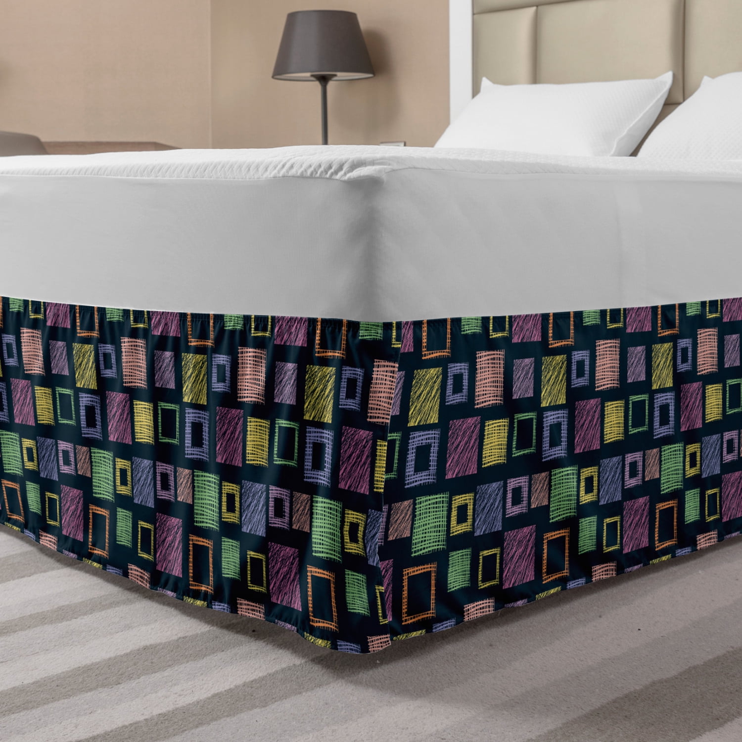 Geometric Bed Skirt, Pattern with Squares Hand Drawn Style