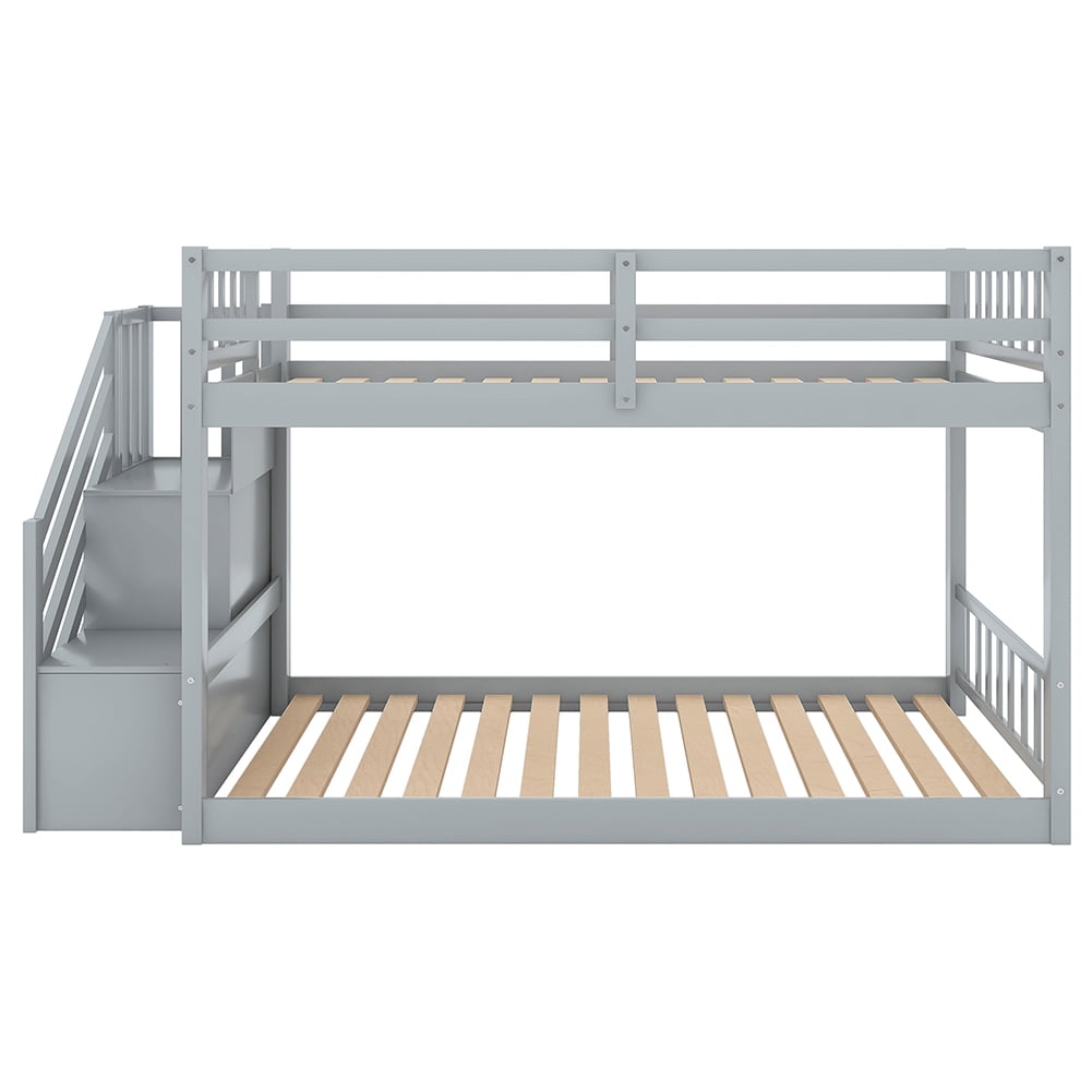 Kadyn Twin over Twin Floor Bunk Bed, Small Space Kids Bed with Storage Stairs, Gray