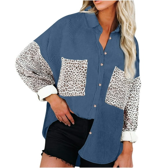 IROINID Women's Short Corduroy Jacket Turndown Lapel Contrast Color Long Sleeve Casual Leopard Pockets Splicing Buttons Tops Outwear Jacket Coat, Navy