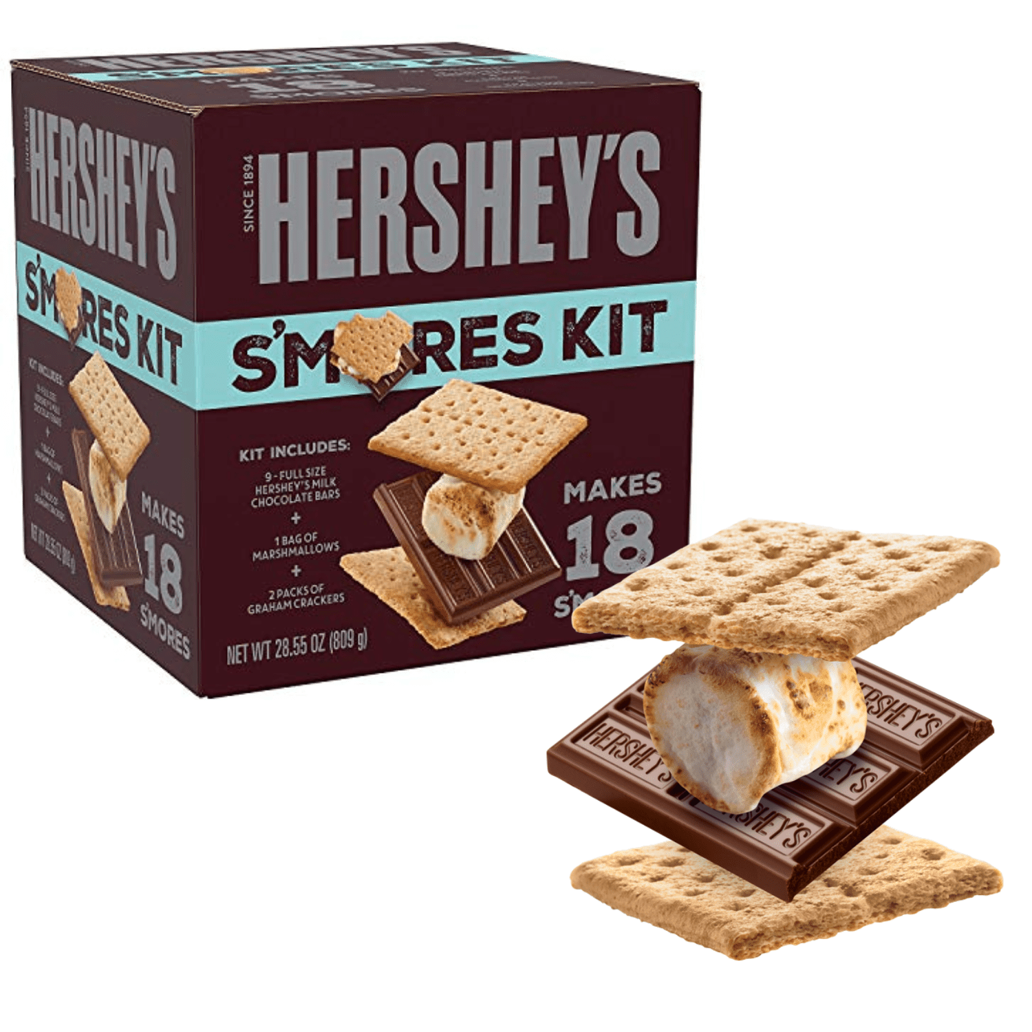 Hershey's S'mores Kit 18 Smores 28.55 Oz Box | Include 9 Full-Size Hershey  Bars, 2 Pack Graham Cracker, 1 Bag of Campfire Marshmallow for Camping  Outdoor Fire Pits, Birthday & Parties (Packaging Vary) - Walmart.com