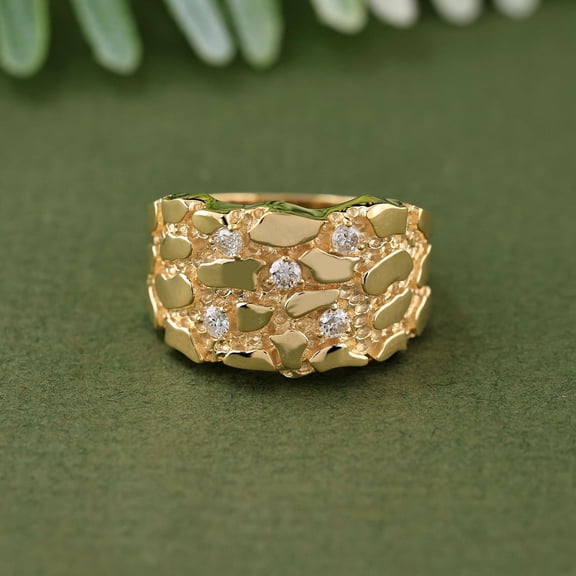 Diastar Jewels Men's Round Cut CZ 14K Yellow Gold Finish Silver Nugget Ring For Gift