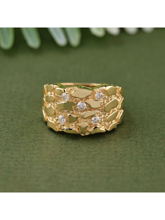 Men's Round Cut CZ 14K Yellow Gold Finish Silver Nugget Ring For Gift
