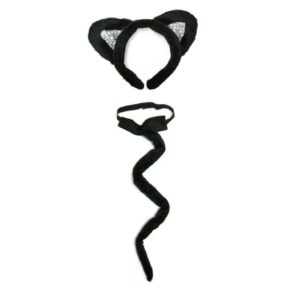 SeasonsTrading Deluxe Black Plush Sequin Cat Ears & Long Tail Costume Set