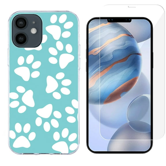 Slim-Fit Protective Phone Case compatible with iPhone 12 Mini, with Tempered Glass Screen Protector, by OneToughShield ® - Pet Paw / Teal