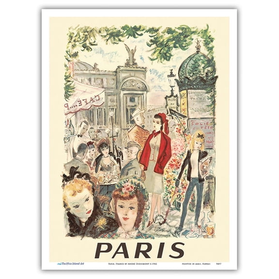 Paris France - Sidewalk Café Near Opera National de Paris - Vintage Railroad Travel Poster by André Dignimont c.1962 - Master Art Print (Unframed) 9in x 12in