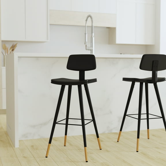 Merrick Lane Black Faux Leather Barstools Contemporary Upholstered Stools with Black Metal Frame and Integrated Footrest - Set of 2
