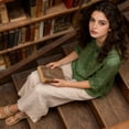 thumbnail image 4 of CIENVNSTG Two Piece Sets for Women Summer Casual 3/4 Sleeve Embroidered Tops Capri Pant Cotton Linen Lounge Set with Pockets Matching Sets Green 2XL, 4 of 5