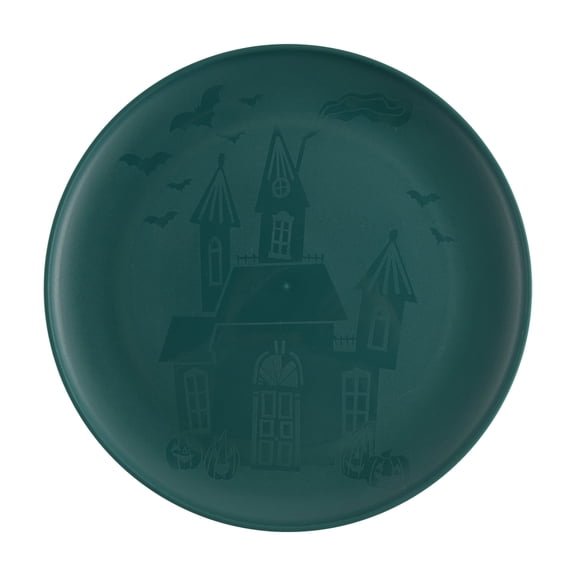 Mainstays 10.5 inch Round Plastic Etched Halloween Haunted House Plate, Teal