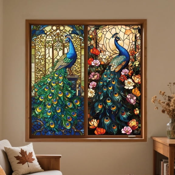 Static Window Clings Peacock and Flowers 1 Sheet Reusable Window Decals Glass 47.24" x 11.8" Removable Double Sided Window Sticker