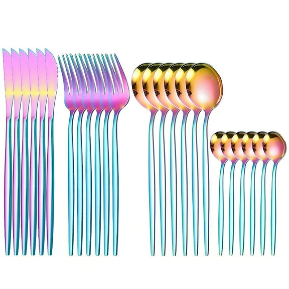 Flatware Set 24 Piece, Stainless Steel With Titanium Colorful Plated, Multicolor Flatware Set, Silverware, Rainbow Color Cutlery Set Service For 6