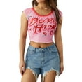 thumbnail image 4 of VISgogo Mujer Bodyon Camiseta, Letras Rosadas y Estampado de Flores, Cuello Redondo, Manga Corta, Tops Cortos, S/ M/ L VISgogo moda, 4 of 9