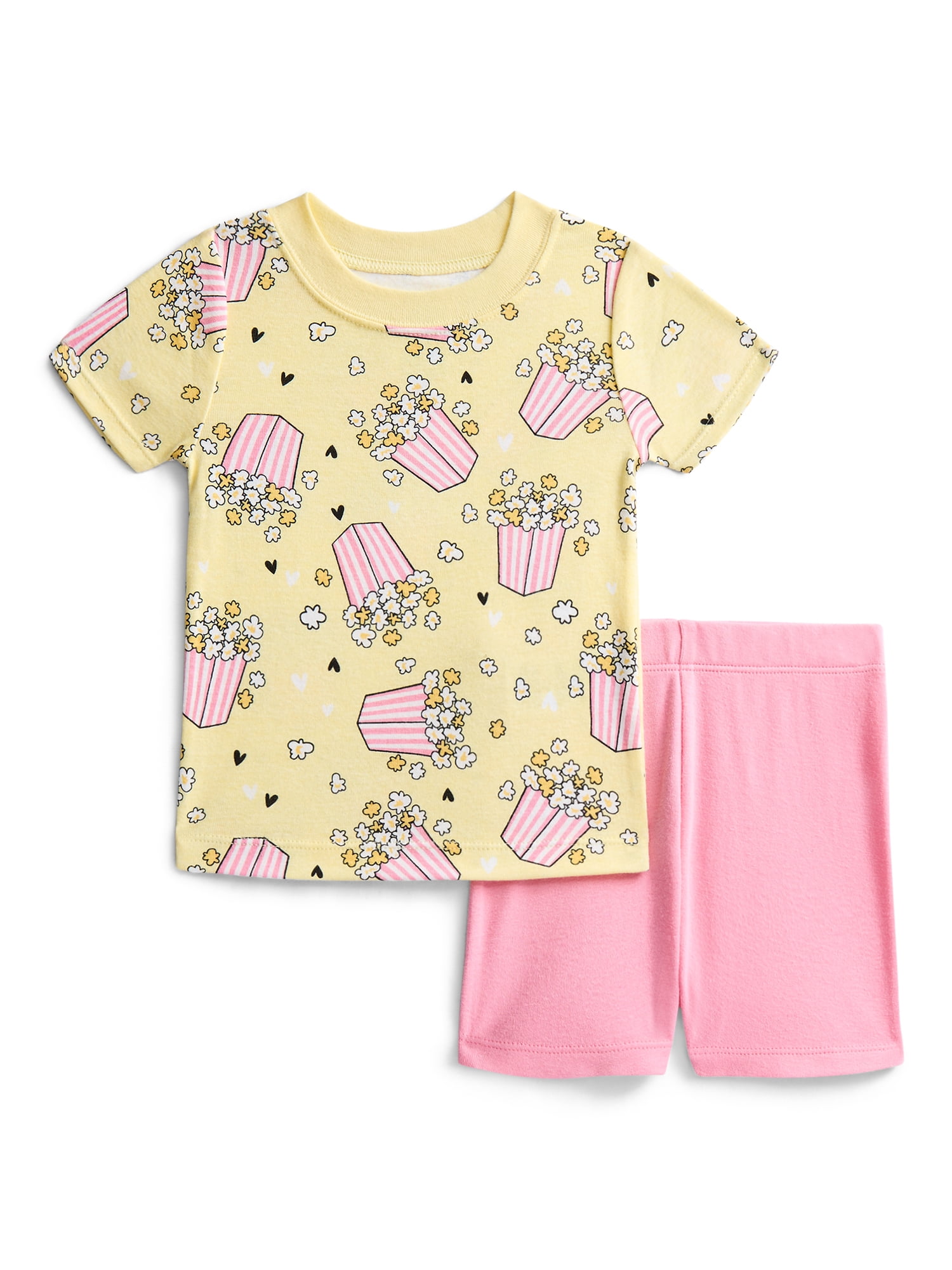 Wonder Nation Toddler Girls Short Sleeve Tee and Shorts Cotton Tight Fit Pajama Set, 4-Piece, Sizes 12M-5T