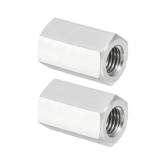 Uxcell M10x1.25 Pitch 304 Stainless Steel Hex Coupling Nuts, 2 Pcs 25mm / 0.98" Length Fully Threaded Rod Coupling Nut Studding Connector Fasteners, Silver Tone