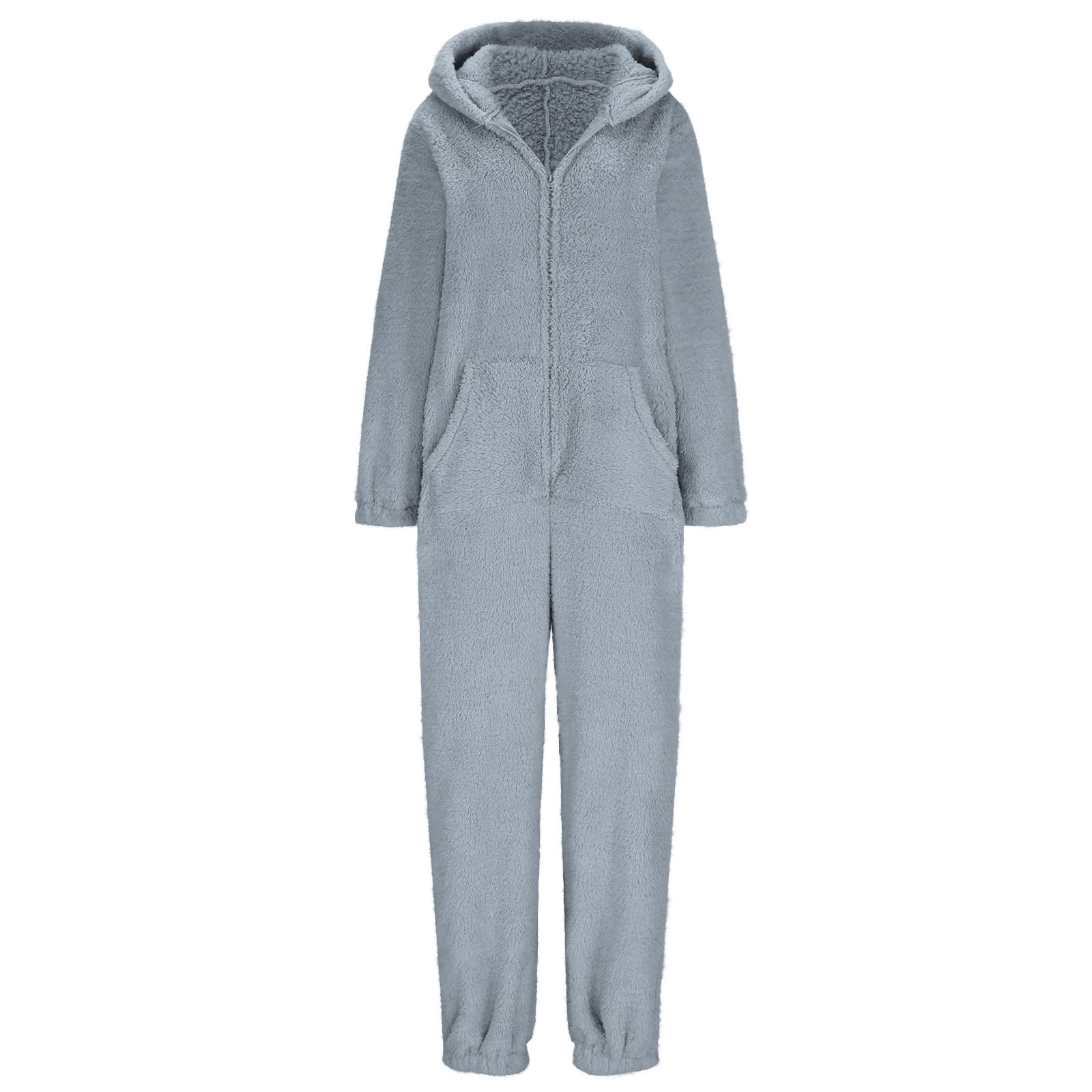 Xdegoge Fleece Jumpsuit Women Fuzzy One Piece Romper Zipper Long Sleeve Teddy Ears Jumpsuits Winter Warm Lounge Pajamas Loungewear with Pockets