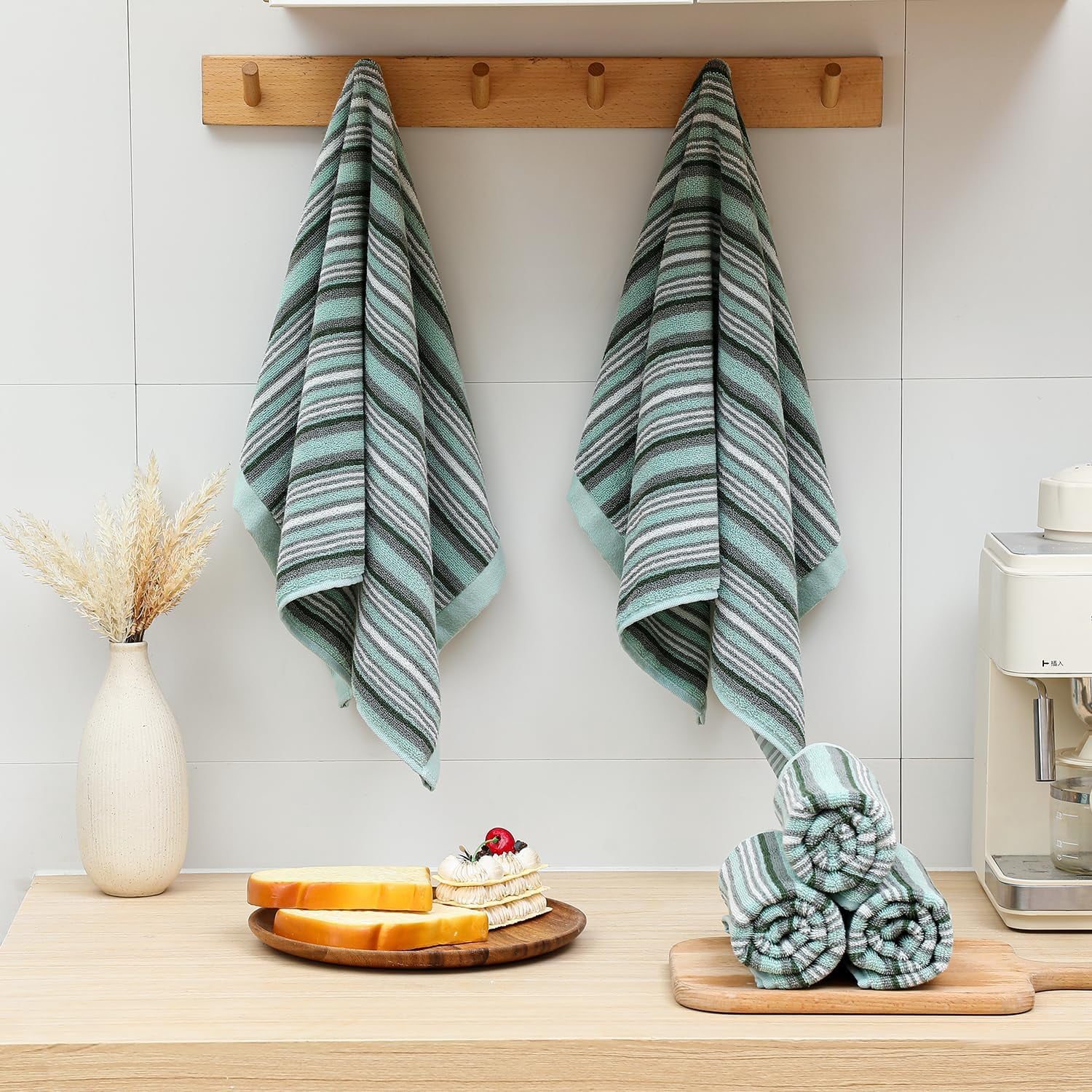 KitchenKey Premium Cotton Kitchen Dish Towels for Drying Dishes,Large Long Kitchen Hand Towels, Thick Highly Absorbent Dish Clothes Tea Towel Sets with Hanging Loop, 16" X 26", 4 Pcs, Green