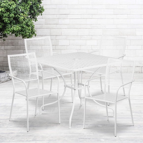 Bowery Hill 5 Piece 36" Square Steel Flower Print Patio Dining Set in White