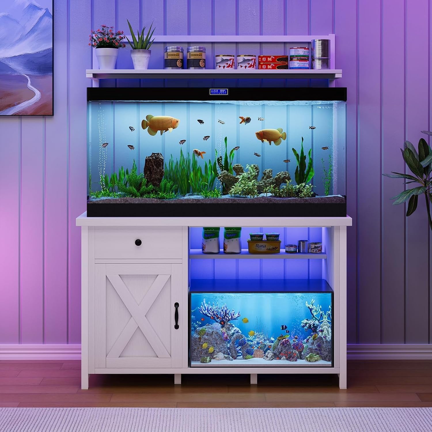 Catrimown Fish Tank Stand with Power Outlet and Led Light, Cabinet for 55-75 Gallon Aquarium, RGB Lighting Strip Ideal for Turtle Enclosure, Supports up to 1100 Pounds, White