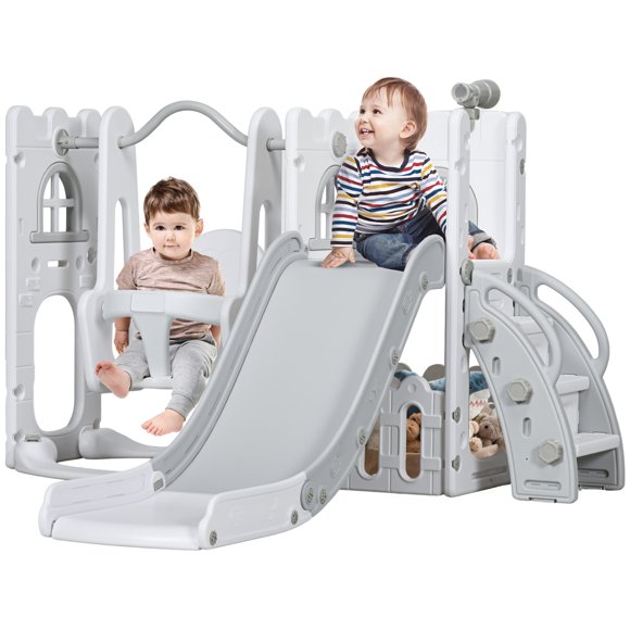 Qaba 6-in-1 Slide and Swing Set with Basketball Hoop, Climber, Grey