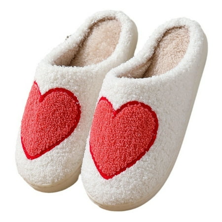 

IMISSILLEB Women s Fuzzy Slippers Cute Heart Print Slippers Furry House Shoes Valentine’s Day Gifts