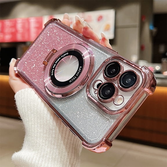 For iPhone 16 Pro Max Glitter Magnetic Case with Invisible Ring Stand Holder [Compatible with MagSafe] Luxury Bling Reinforced Four Corner Protection Cover For iPhone 16 Pro Max, Pink