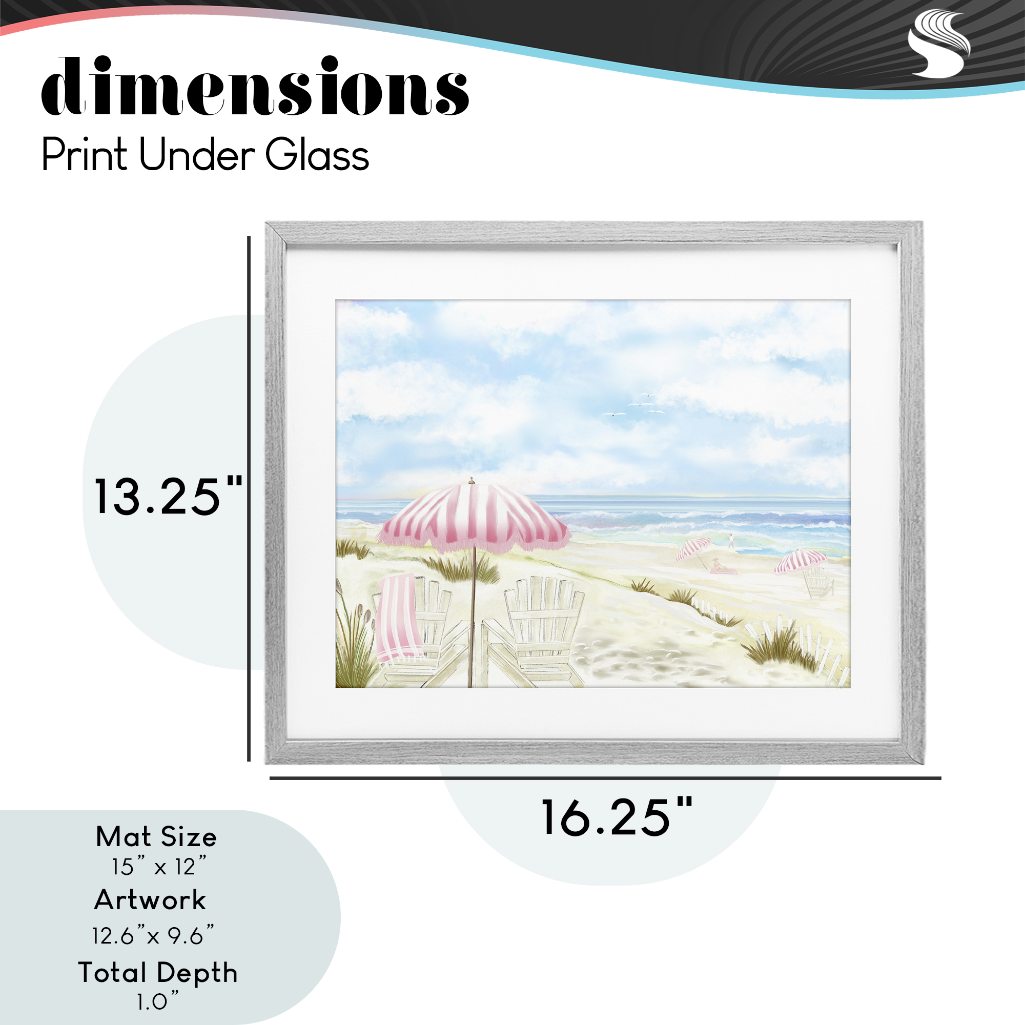 Seascape with Pink Umbrella Gray Framed Print Under Glass, design by Lori Mosley